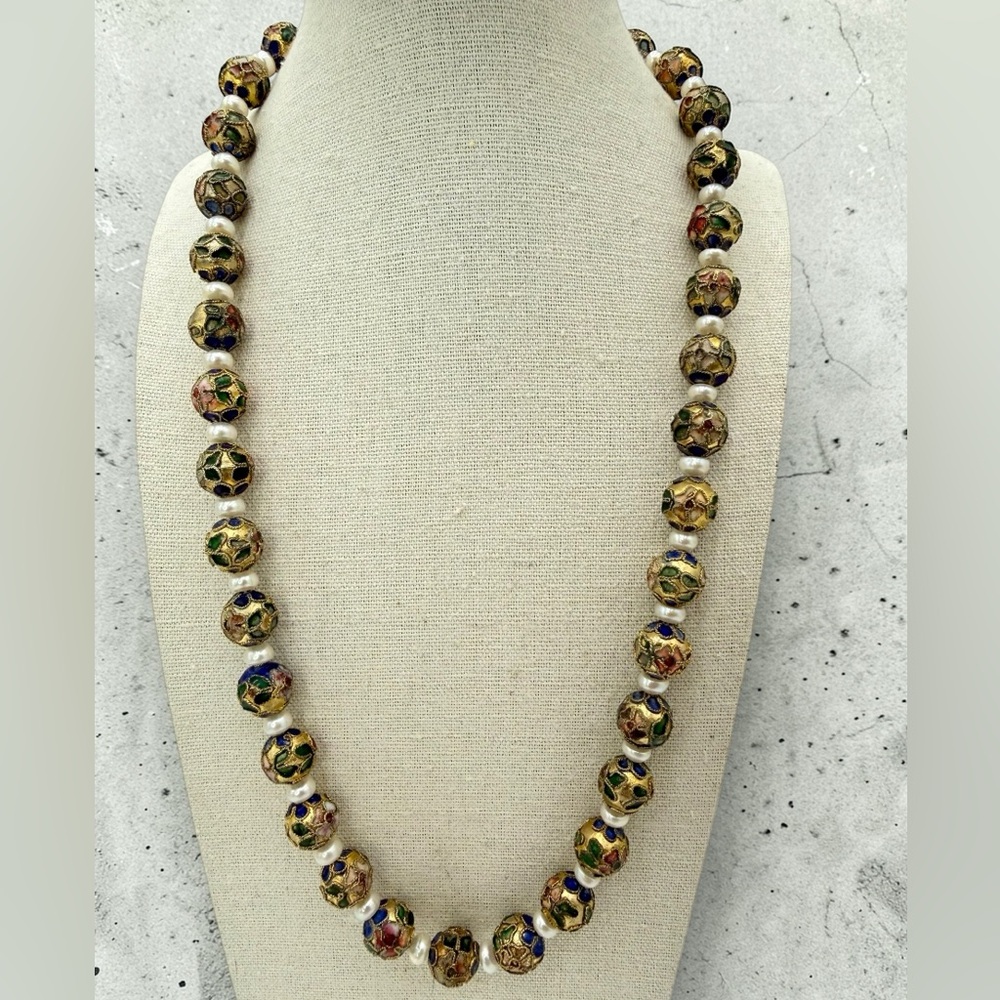 Vintage Cloisonné Enamel & Freshwater Pearl Necklace 22” Floral Statement 67gr